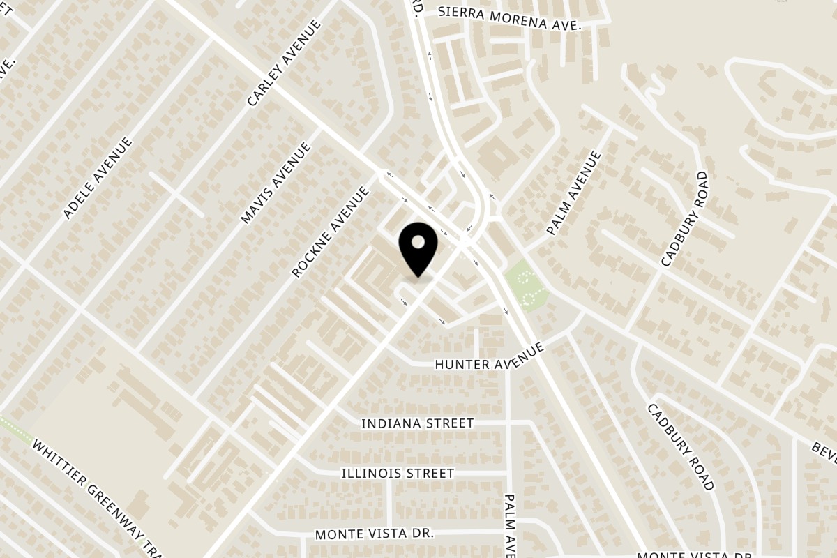 Map showing the location of Habachihana Grill Whittier on 10722 Beverly Blvd Ste V in Whittier